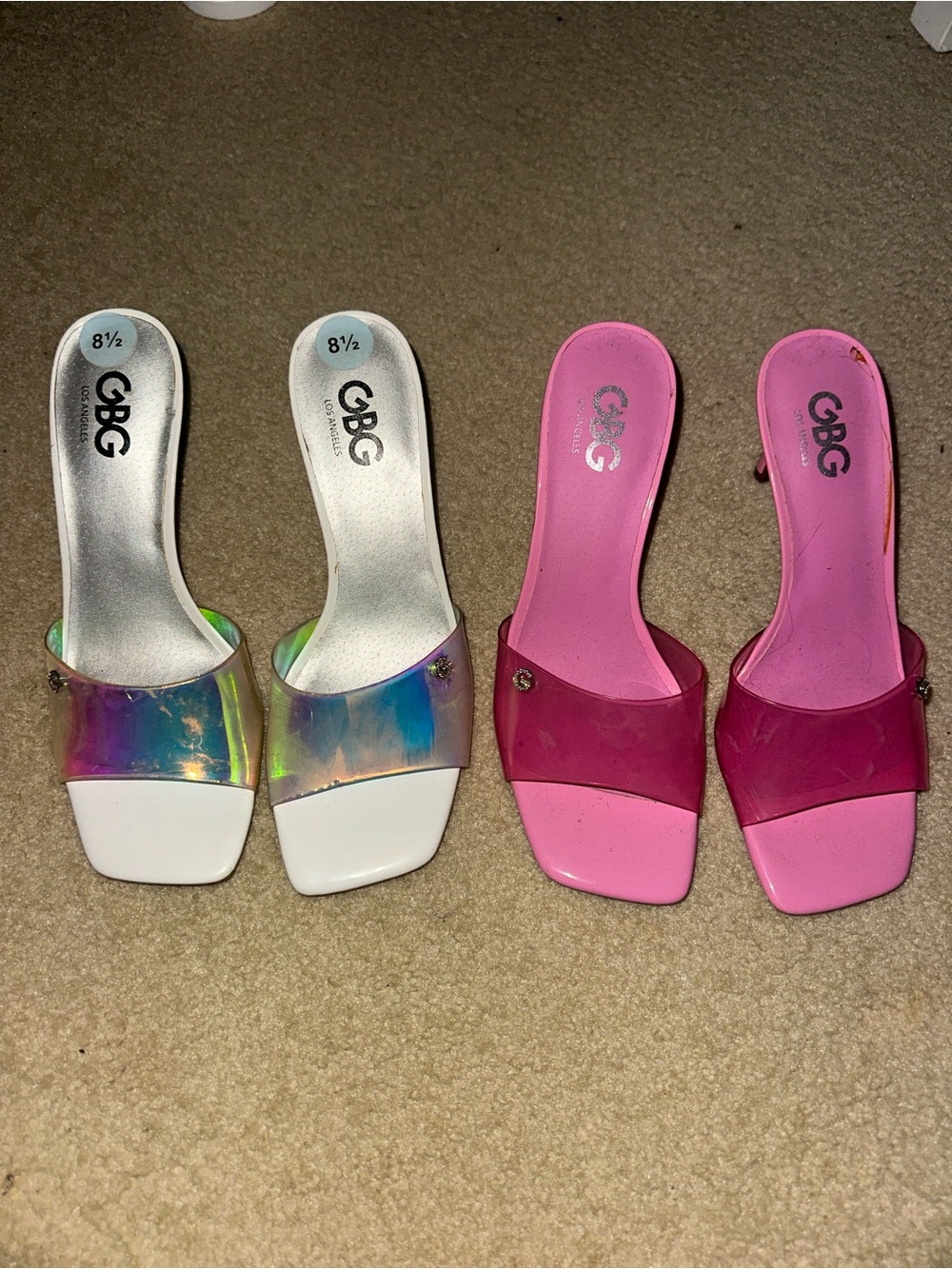 2 pairs GBG Los Angeles Paris holographic & Pink Slide Sandal heels